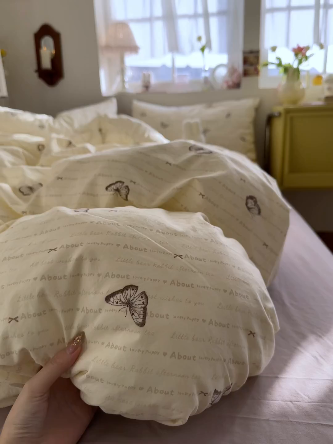 91家纺网 家纺一手货源 找家纺 金梦拉家纺 2026新款春夏古法水洗仿棉砂洗云小棉小布袋四件套 蝶舞飞