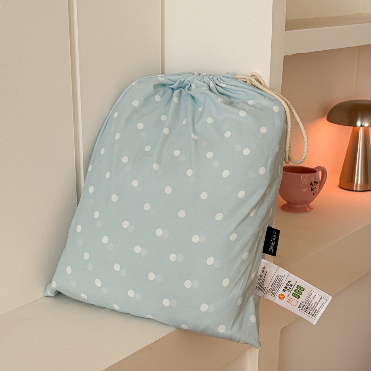 金梦拉家纺 2026新款春夏古法水洗仿棉砂洗云小棉小布袋四件套 奶蓝波点