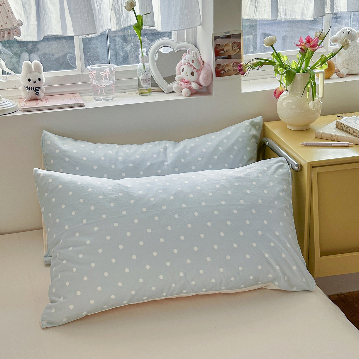 91家纺网 家纺一手货源 找家纺 金梦拉家纺 2026新款春夏古法水洗仿棉砂洗云小棉小布袋四件套 奶蓝波点