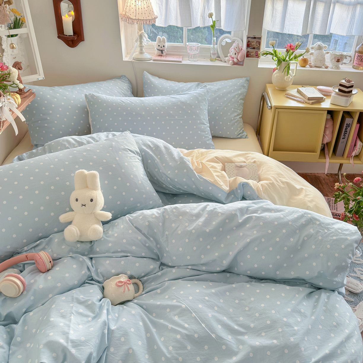 91家纺网 家纺一手货源 找家纺 金梦拉家纺 2026新款春夏古法水洗仿棉砂洗云小棉小布袋四件套 奶蓝波点