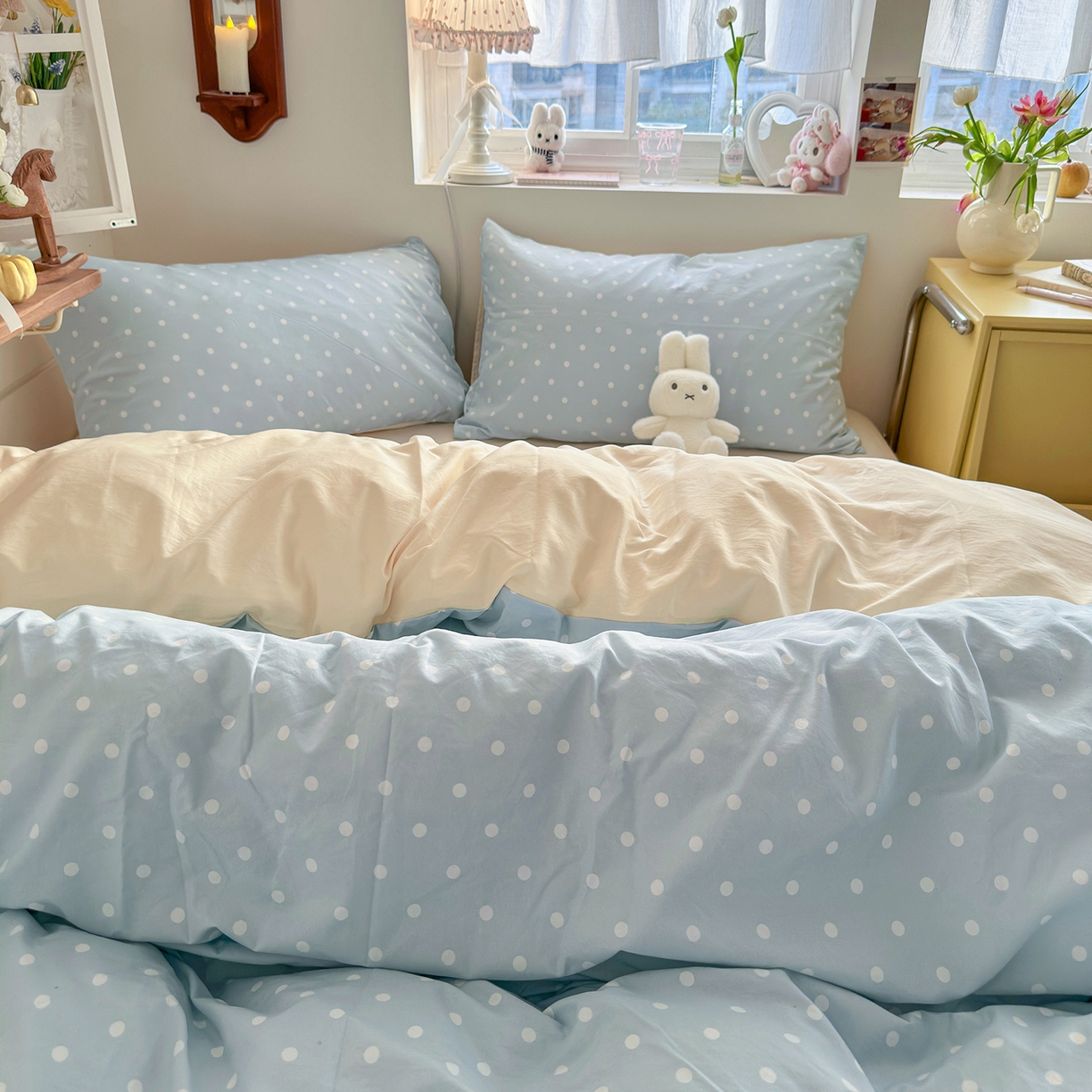 91家纺网 家纺一手货源 找家纺 金梦拉家纺 2026新款春夏古法水洗仿棉砂洗云小棉小布袋四件套 奶蓝波点