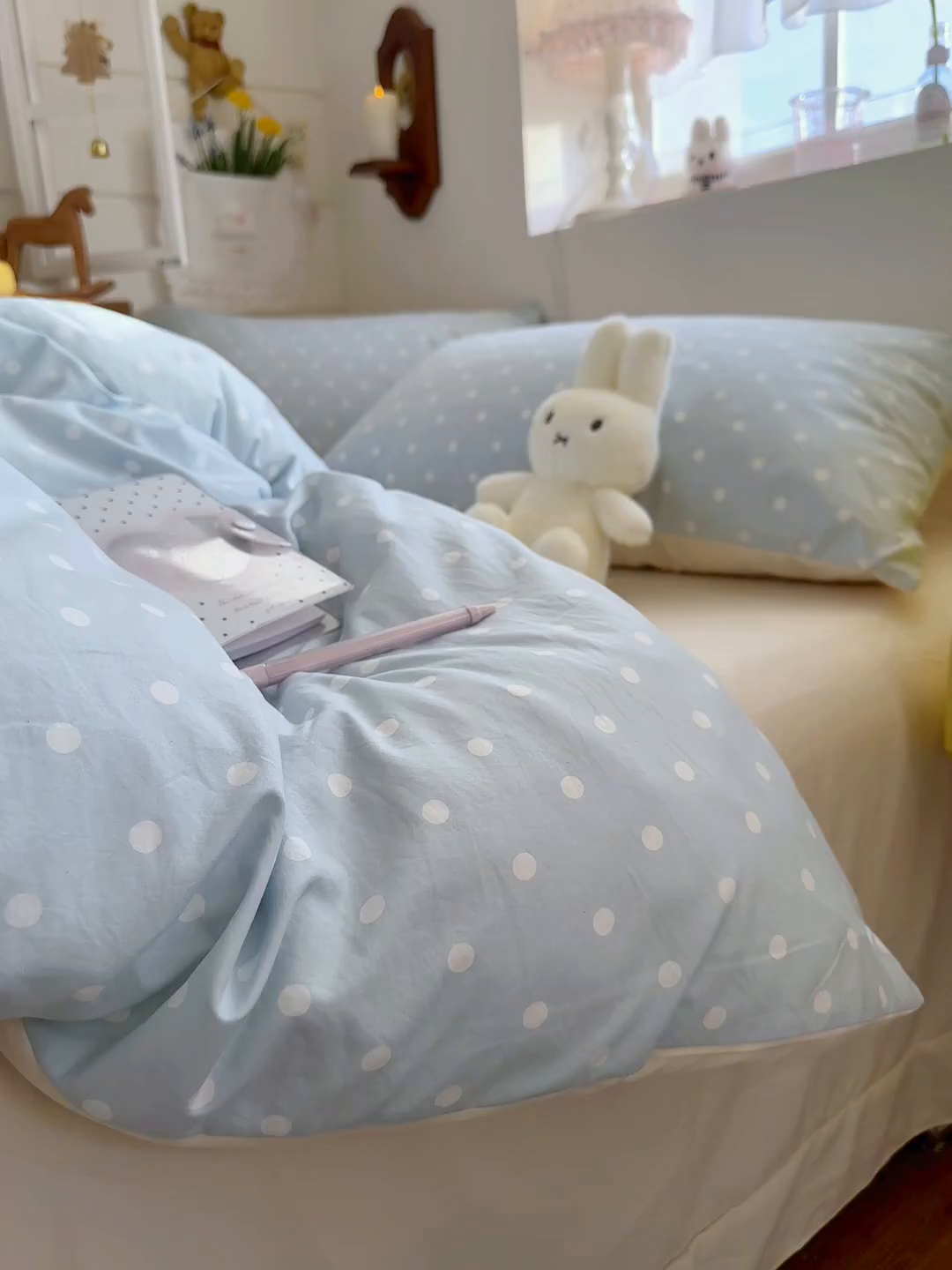 91家纺网 家纺一手货源 找家纺 金梦拉家纺 2026新款春夏古法水洗仿棉砂洗云小棉小布袋四件套 奶蓝波点