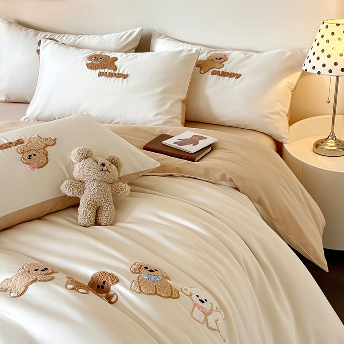 91家纺网 家纺一手货源 找家纺 （总）618家纺 2026新款A类100支全棉纯棉毛巾绣花四件套-泰迪系列