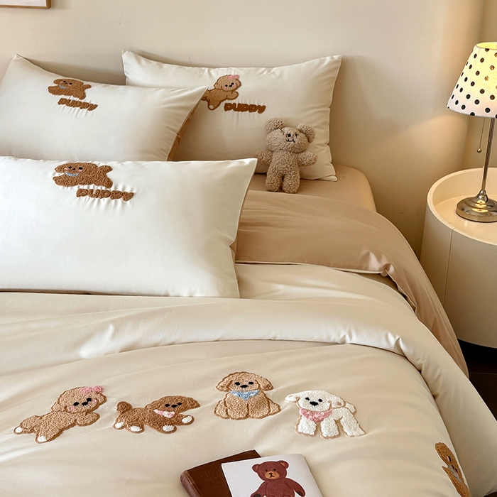 91家纺网 家纺一手货源 找家纺 618家纺 2026新款A类100支全棉纯棉毛巾绣花四件套-泰迪系列 泰迪-米咖