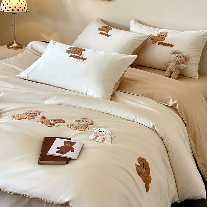 91家纺网 家纺一手货源 找家纺 618家纺 2026新款A类100支全棉纯棉毛巾绣花四件套-泰迪系列 泰迪-米咖