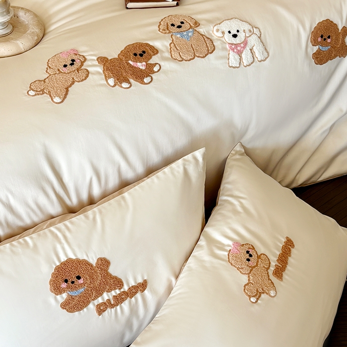 91家纺网 家纺一手货源 找家纺 618家纺 2026新款A类100支全棉纯棉毛巾绣花四件套-泰迪系列 泰迪-米咖