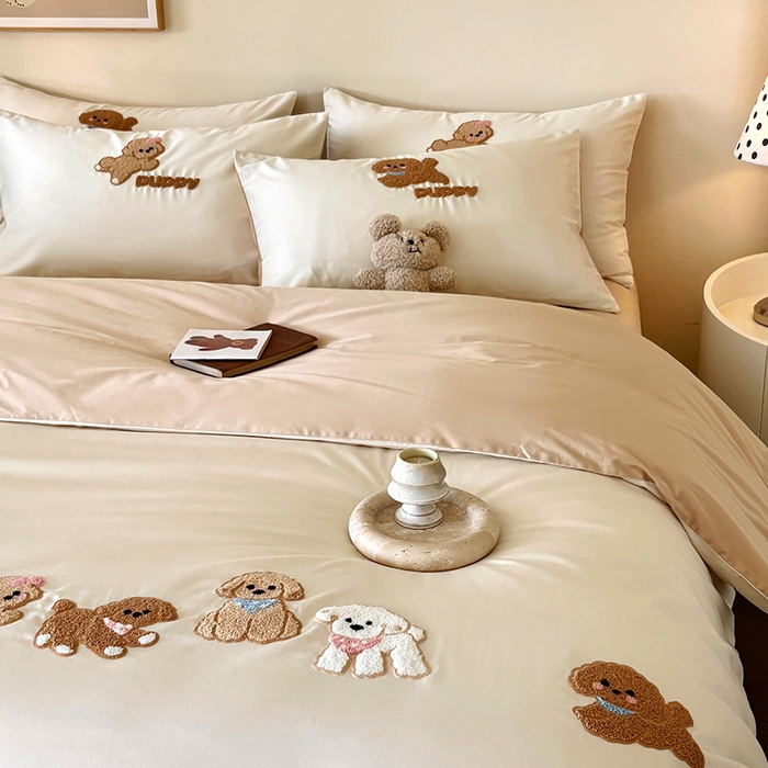 91家纺网 家纺一手货源 找家纺 618家纺 2026新款A类100支全棉纯棉毛巾绣花四件套-泰迪系列 泰迪-米咖