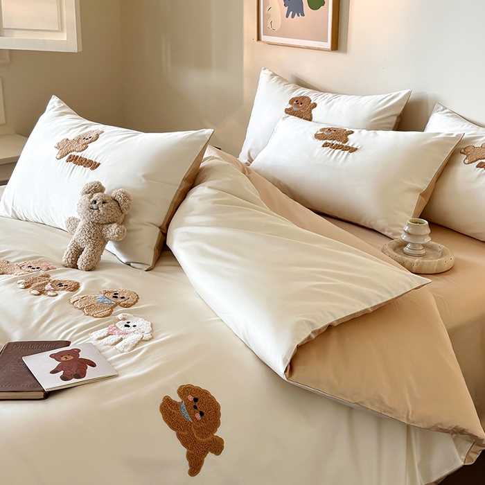 91家纺网 家纺一手货源 找家纺 618家纺 2026新款A类100支全棉纯棉毛巾绣花四件套-泰迪系列 泰迪-米咖