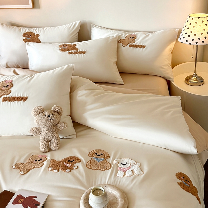 91家纺网 家纺一手货源 找家纺 618家纺 2026新款A类100支全棉纯棉毛巾绣花四件套-泰迪系列 泰迪-米咖