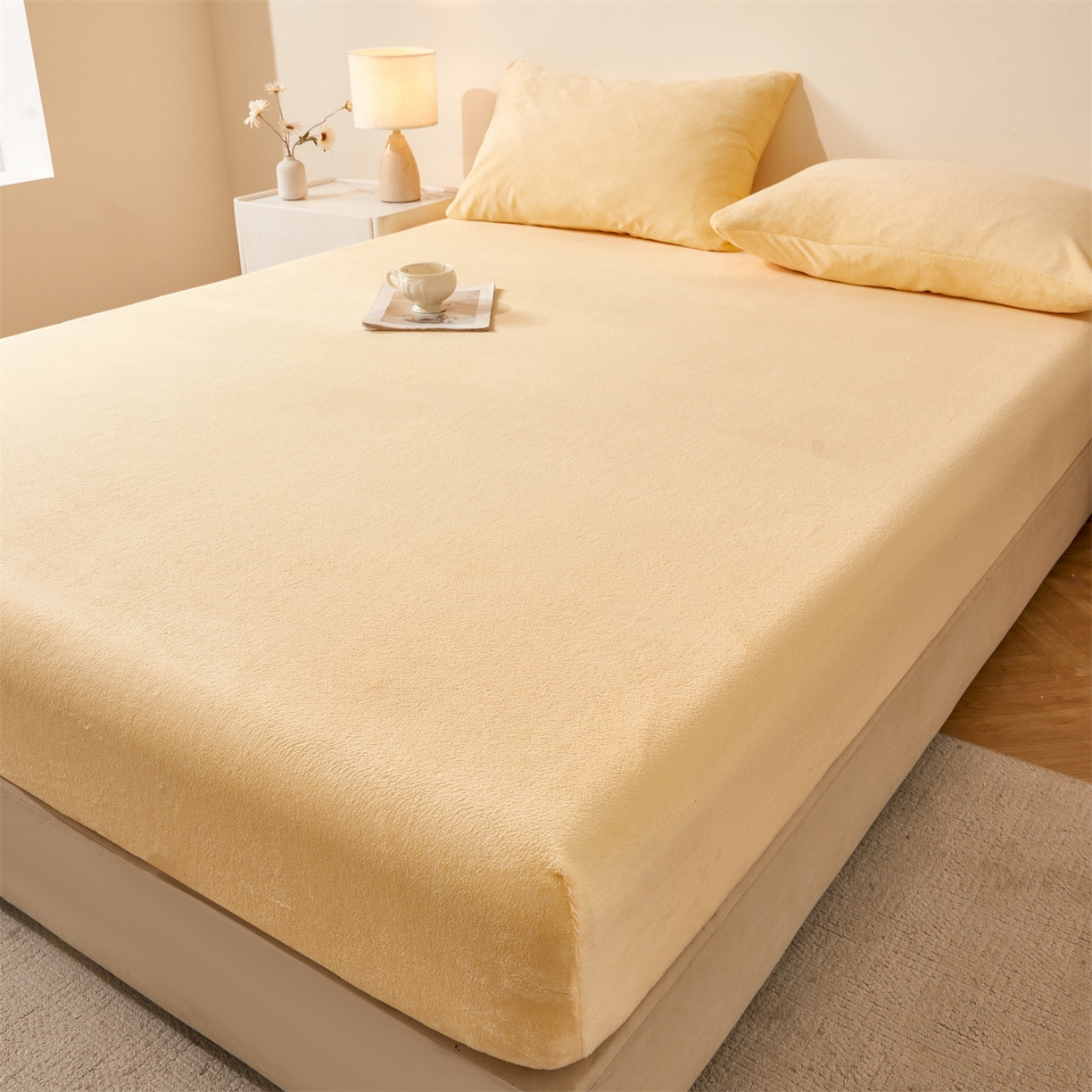 91家纺网 家纺一手货源 找家纺 卡诗兰家纺 2026新款单层牛奶绒床笠 虎皮黄