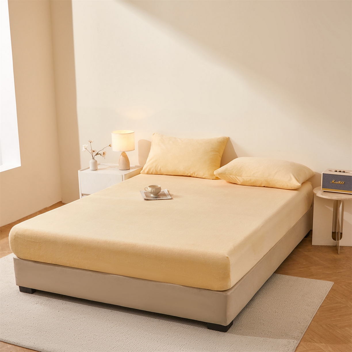 91家纺网 家纺一手货源 找家纺 卡诗兰家纺 2026新款单层牛奶绒床笠 虎皮黄