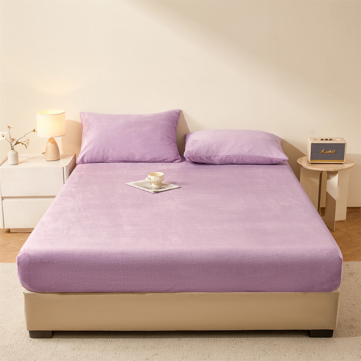 91家纺网 家纺一手货源 找家纺 卡诗兰家纺 2026新款单层牛奶绒床笠 兰花紫