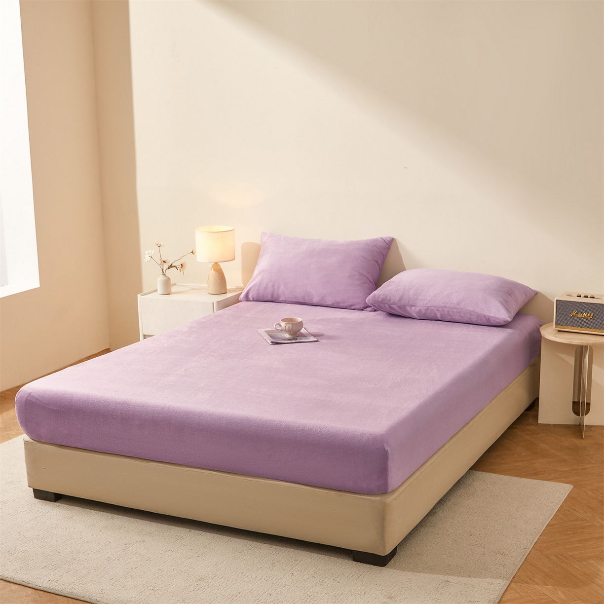 91家纺网 家纺一手货源 找家纺 卡诗兰家纺 2026新款单层牛奶绒床笠 兰花紫