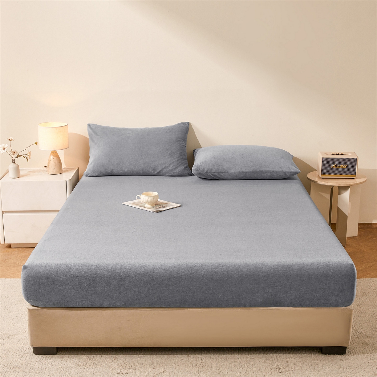 91家纺网 家纺一手货源 找家纺 卡诗兰家纺 2026新款单层牛奶绒床笠 玛瑙灰