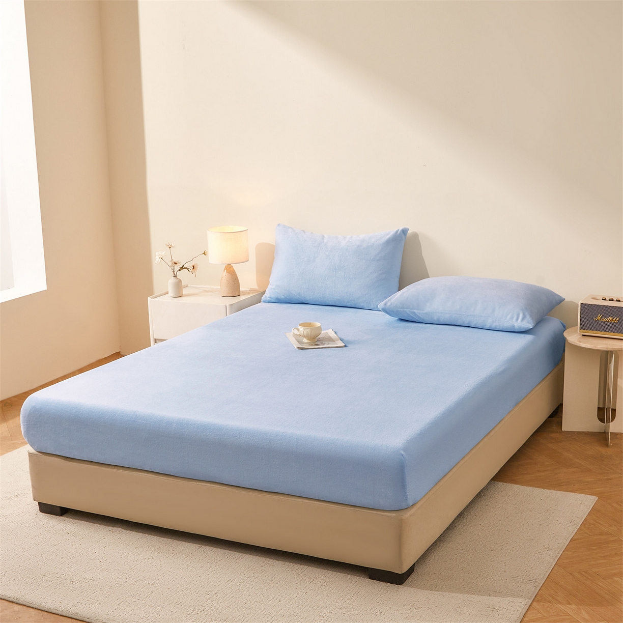 91家纺网 家纺一手货源 找家纺 卡诗兰家纺 2026新款单层牛奶绒床笠 星蓝