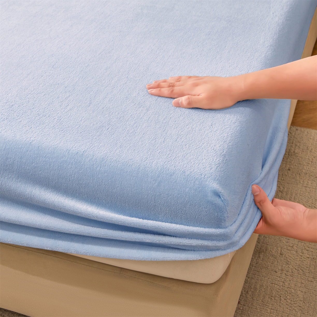 91家纺网 家纺一手货源 找家纺 卡诗兰家纺 2026新款单层牛奶绒床笠 星蓝