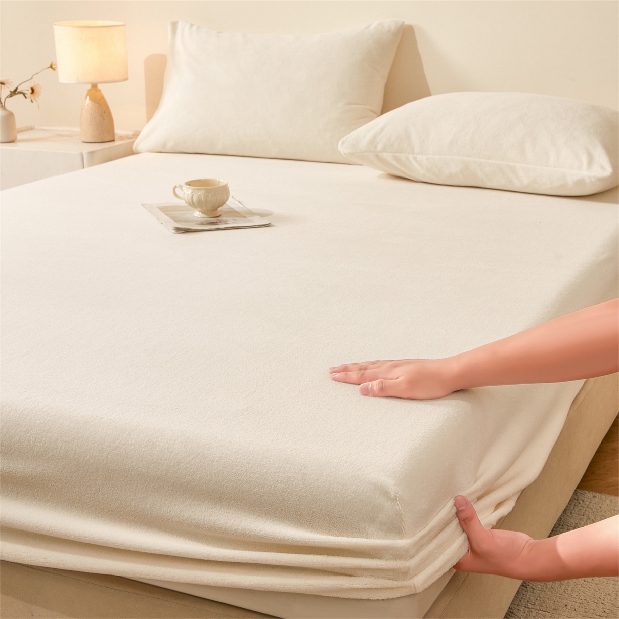 91家纺网 家纺一手货源 找家纺 卡诗兰家纺 2026新款单层牛奶绒床笠 月影白