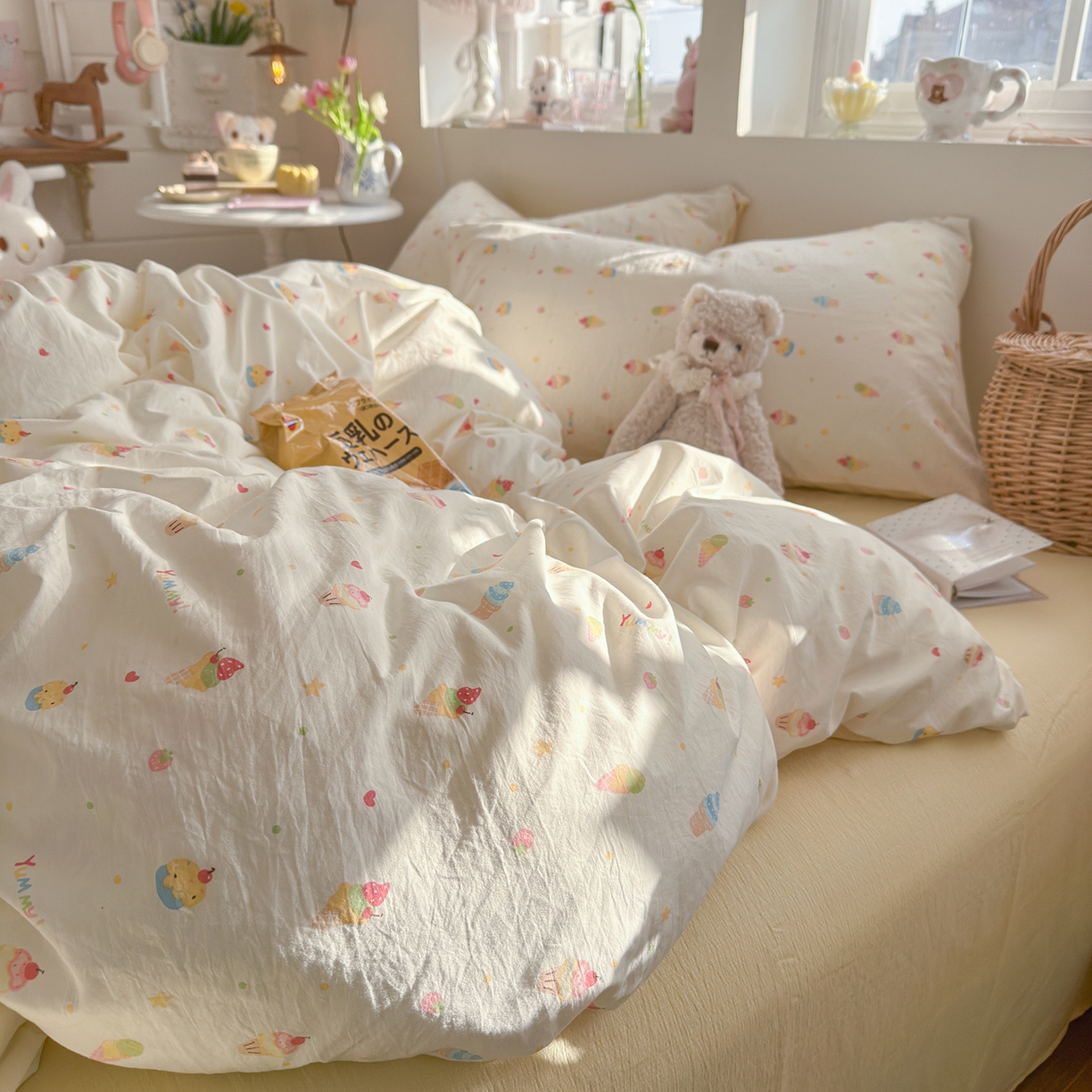 91家纺网 家纺一手货源 找家纺 罗亿家纺 2026新款A类古法水洗仿棉云感纱四件套 冰淇淋超甜