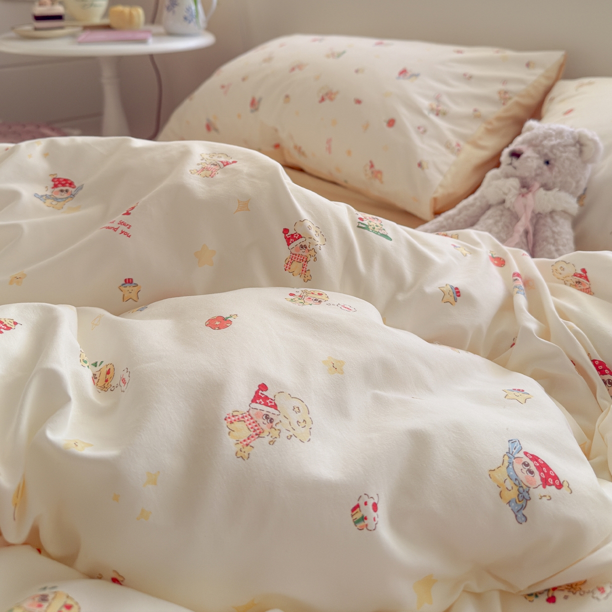 91家纺网 家纺一手货源 找家纺 罗亿家纺 2026新款A类古法水洗仿棉云感纱四件套 奶味星人