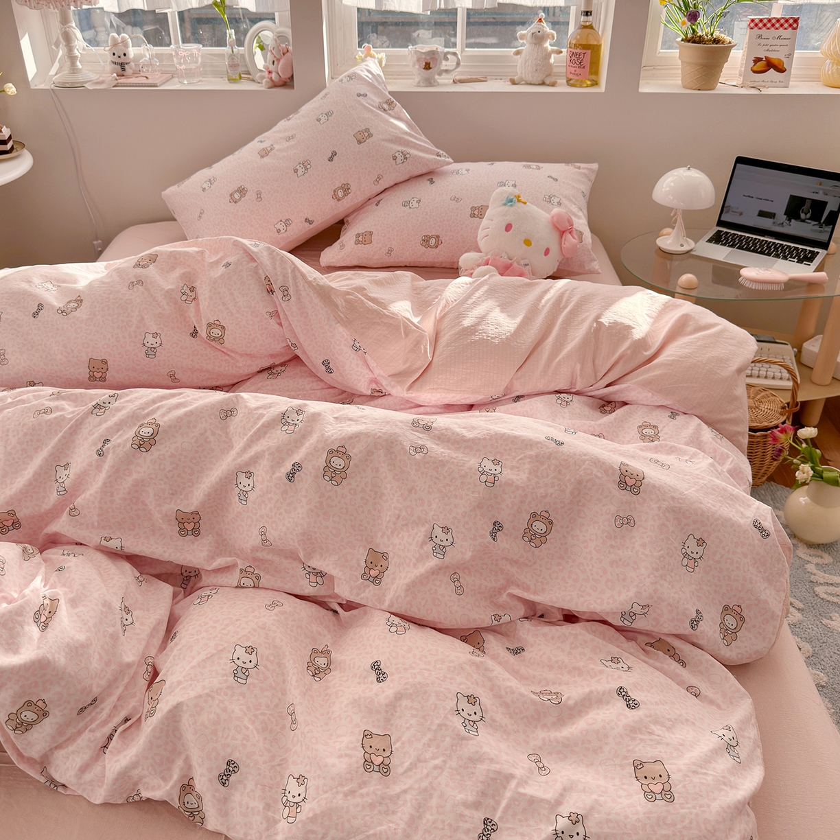 91家纺网 家纺一手货源 找家纺 罗亿家纺 2026新款A类古法水洗仿棉云感纱四件套 俏皮豹纹-kt-粉