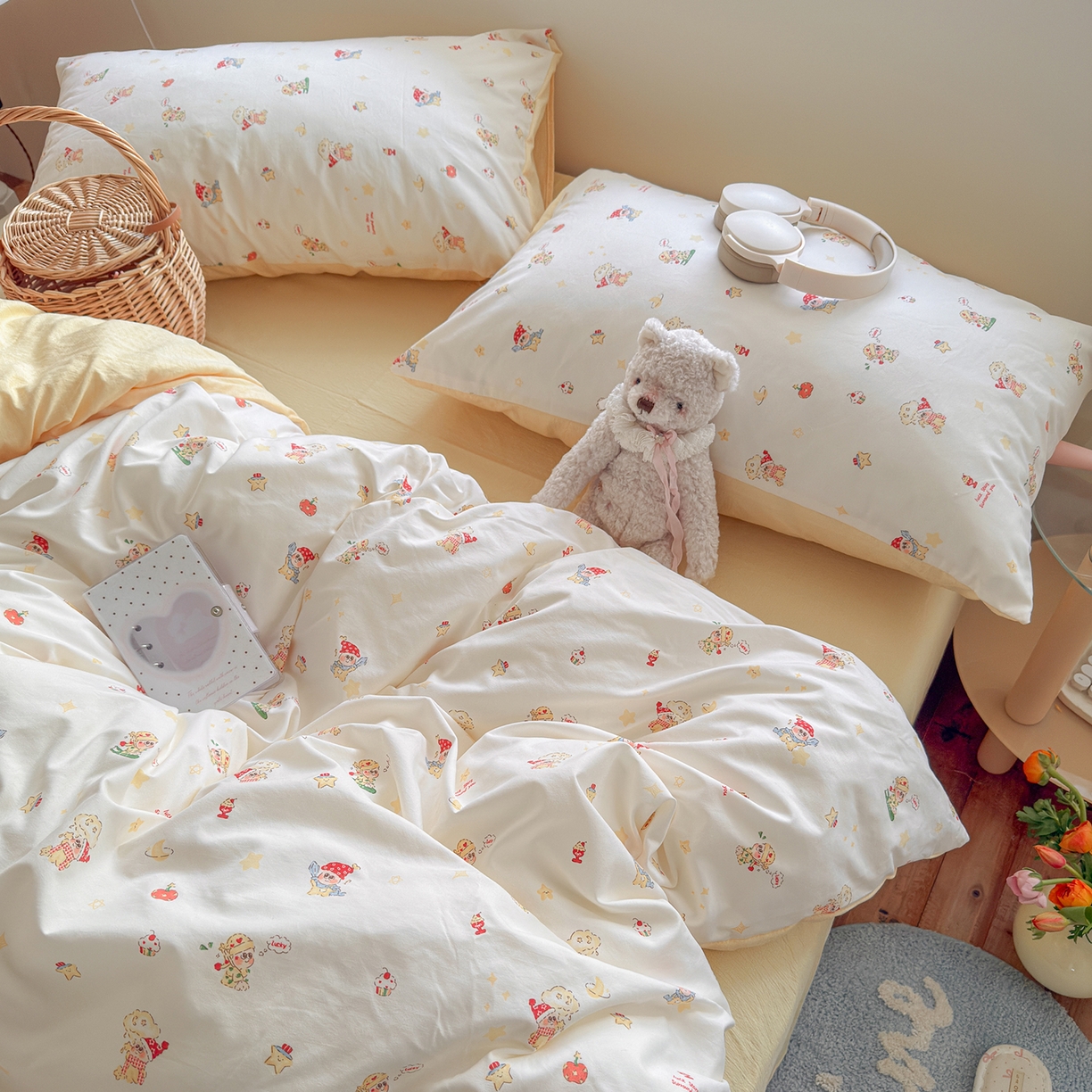 91家纺网 家纺一手货源 找家纺 罗亿家纺 2026新款A类古法水洗仿棉云感纱四件套 奶味星人