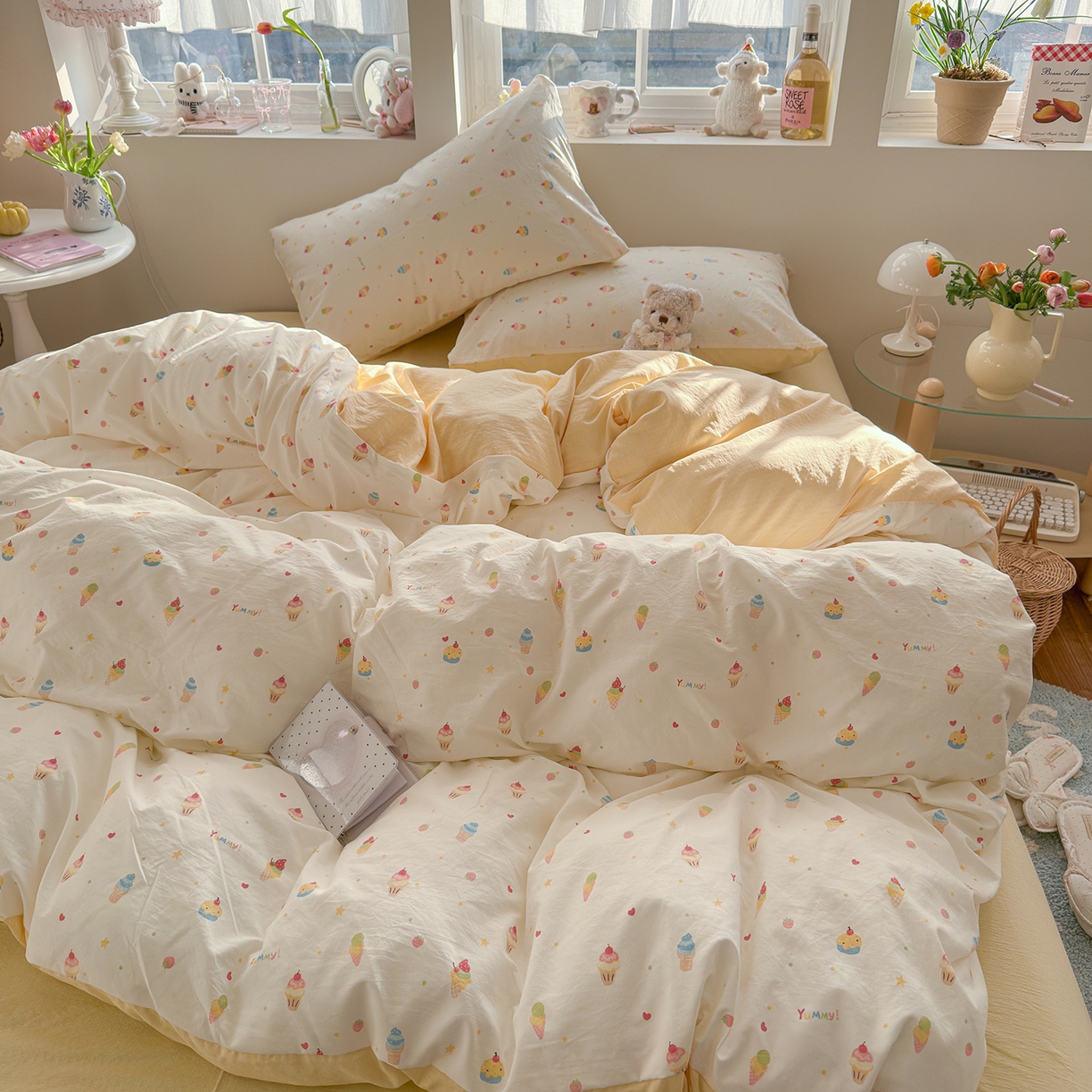 91家纺网 家纺一手货源 找家纺 罗亿家纺 2026新款A类古法水洗仿棉云感纱四件套 冰淇淋超甜