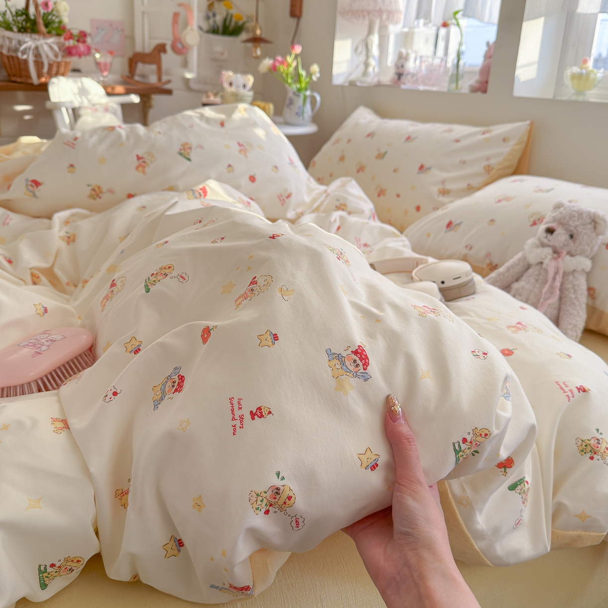 罗亿家纺 2026新款A类古法水洗仿棉云感纱四件套 奶味星人