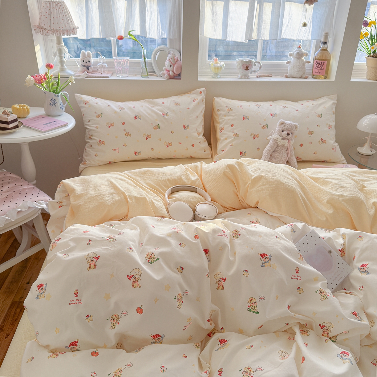 91家纺网 家纺一手货源 找家纺 罗亿家纺 2026新款A类古法水洗仿棉云感纱四件套 奶味星人