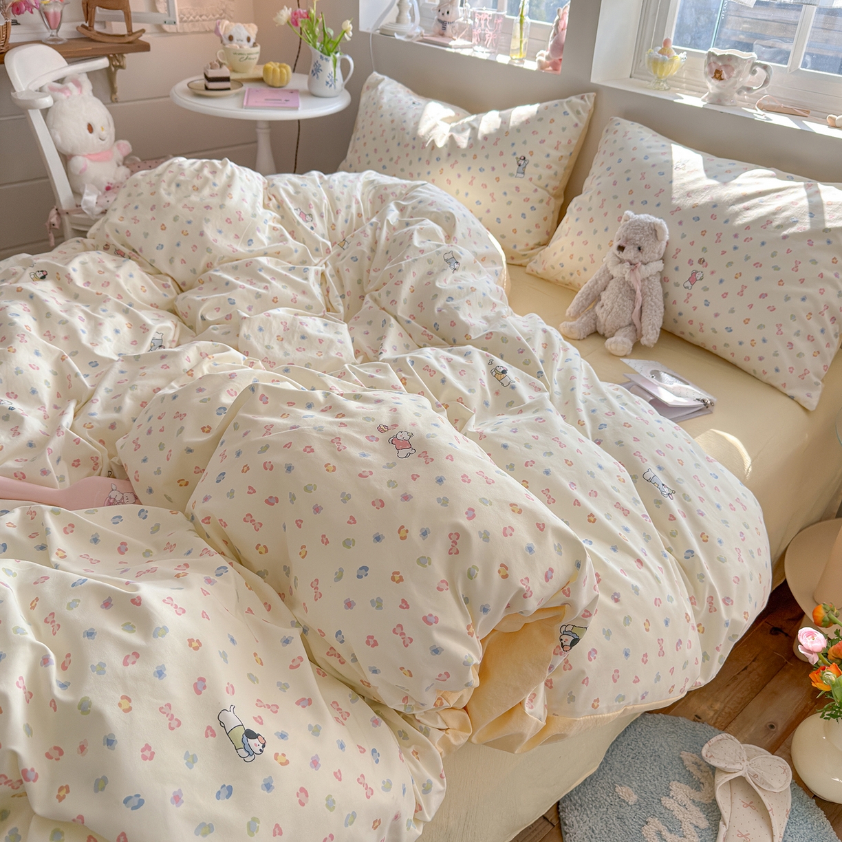 91家纺网 家纺一手货源 找家纺 罗亿家纺 2026新款A类古法水洗仿棉云感纱四件套 狗狗乐园