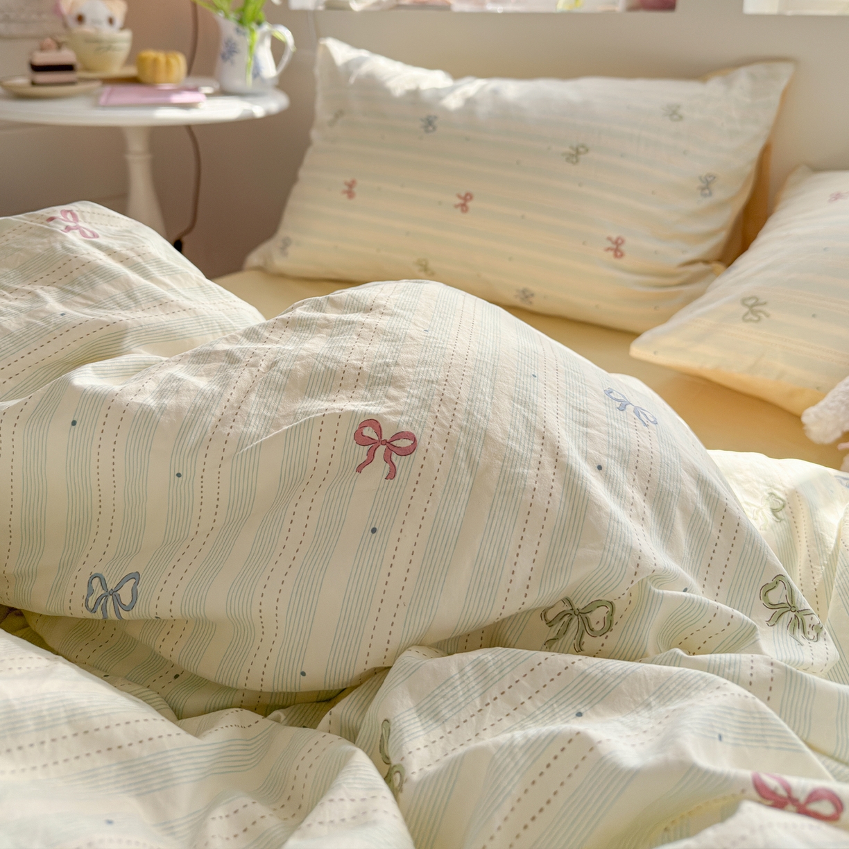 91家纺网 家纺一手货源 找家纺 罗亿家纺 2026新款A类古法水洗仿棉云感纱四件套 蝴蝶结