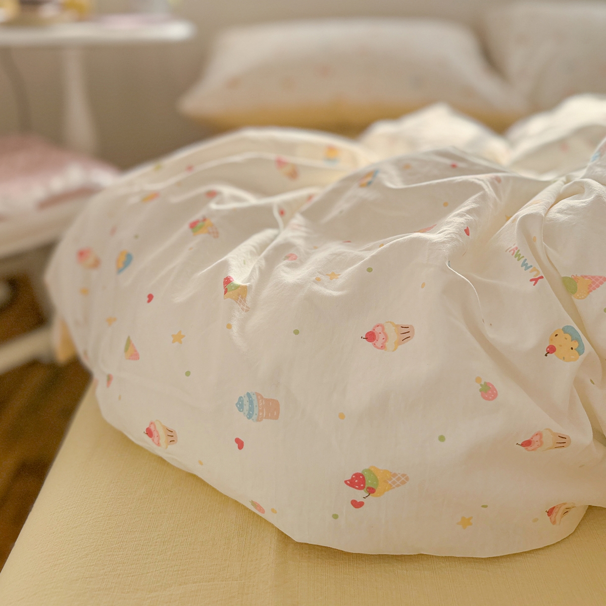 91家纺网 家纺一手货源 找家纺 罗亿家纺 2026新款A类古法水洗仿棉云感纱四件套 冰淇淋超甜