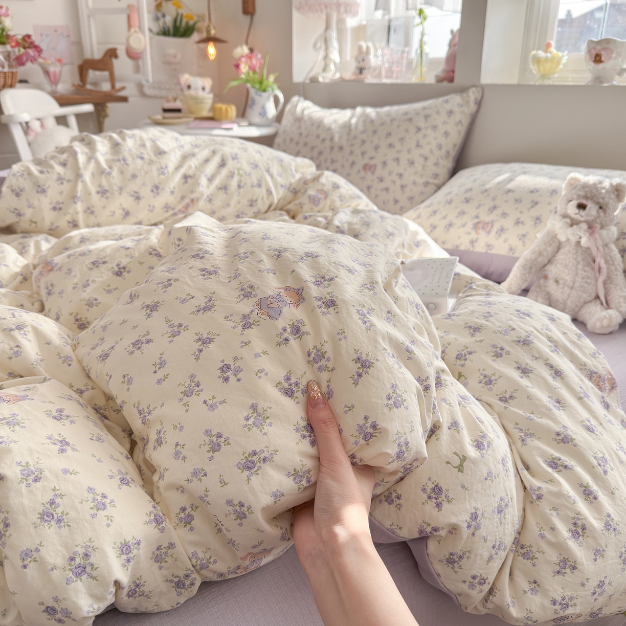 罗亿家纺 2026新款A类古法水洗仿棉云感纱四件套 花集小兔