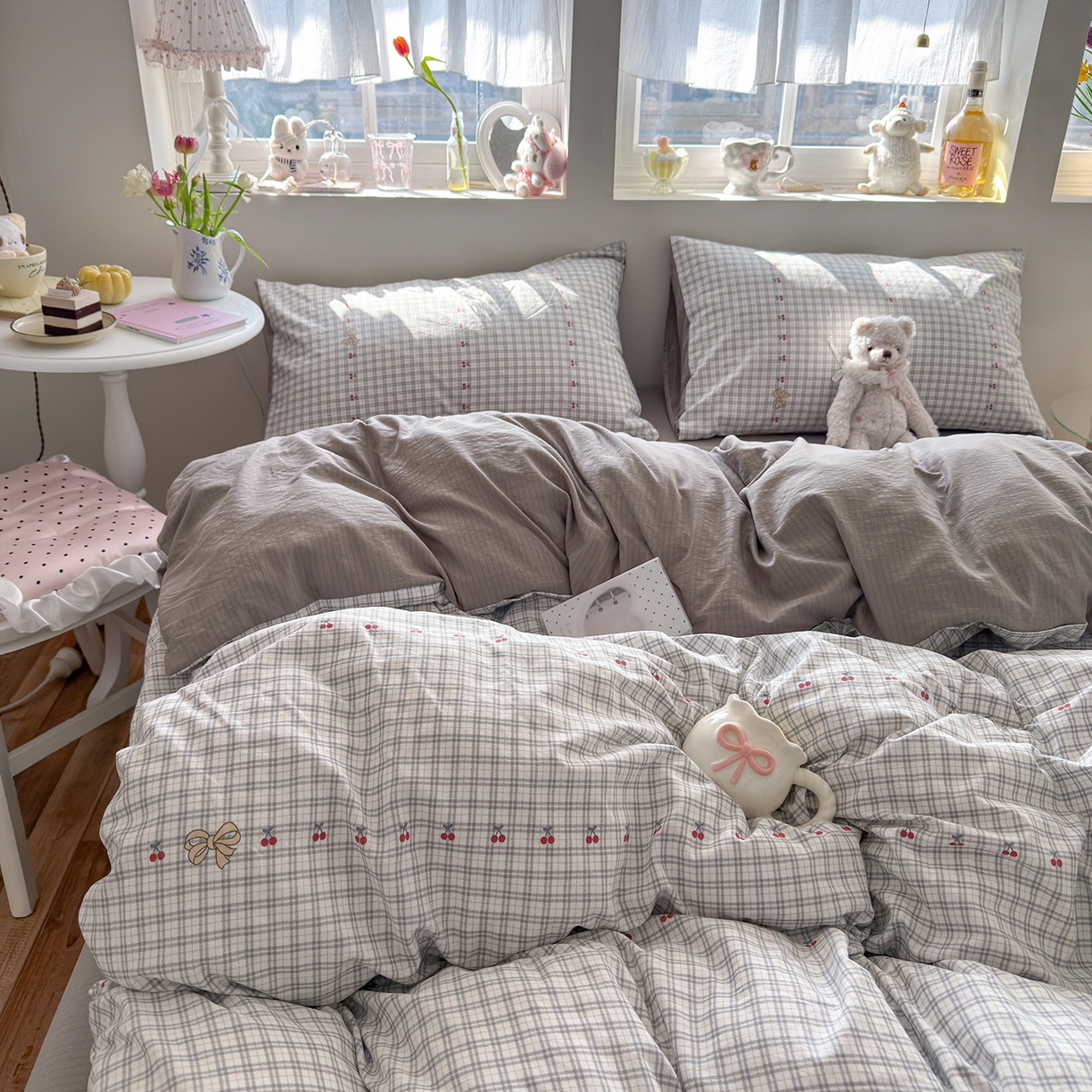 91家纺网 家纺一手货源 找家纺 罗亿家纺 2026新款A类古法水洗仿棉云感纱四件套 樱桃格格