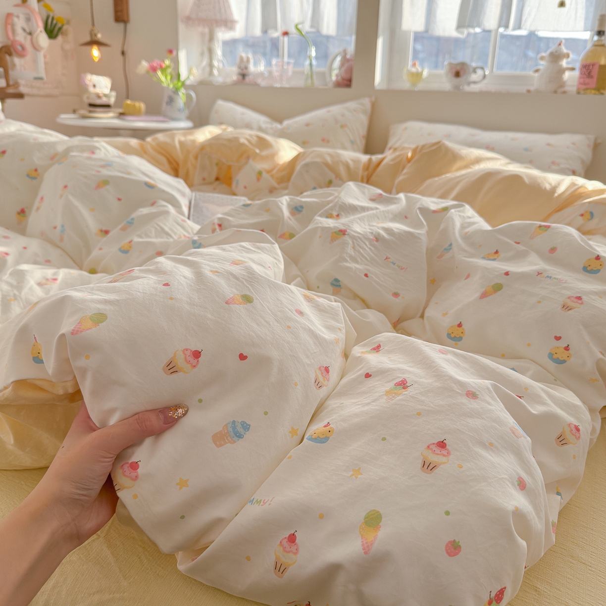 91家纺网 家纺一手货源 找家纺 罗亿家纺 2026新款A类古法水洗仿棉云感纱四件套 冰淇淋超甜