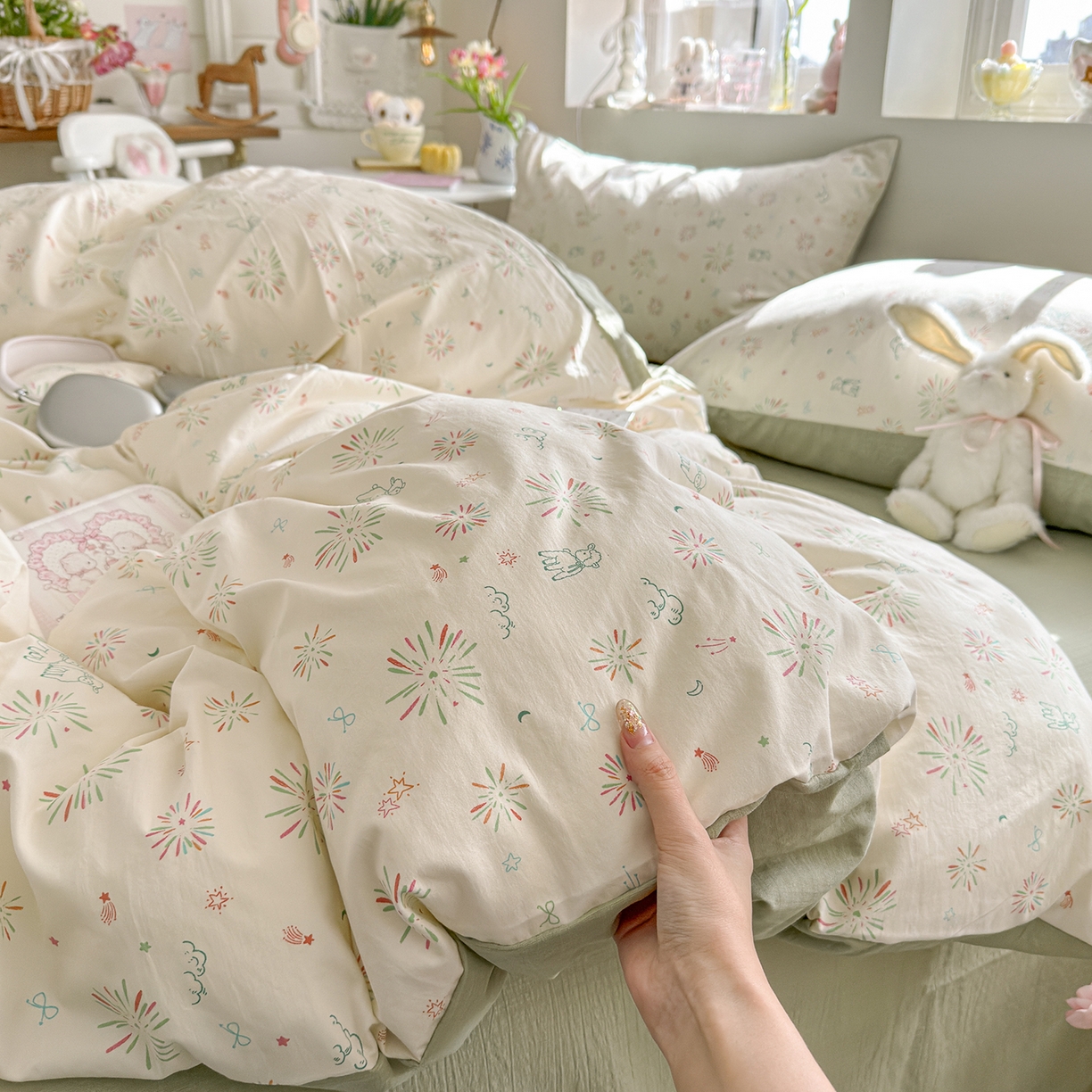 罗亿家纺 2026新款A类古法水洗仿棉云感纱四件套 烟花星语