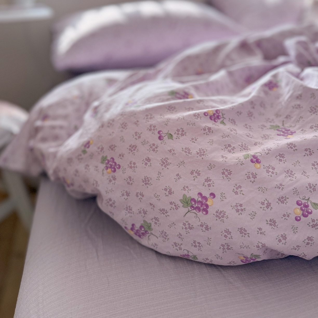 91家纺网 家纺一手货源 找家纺 罗亿家纺 2026新款A类古法水洗仿棉云感纱四件套 葡萄很甜