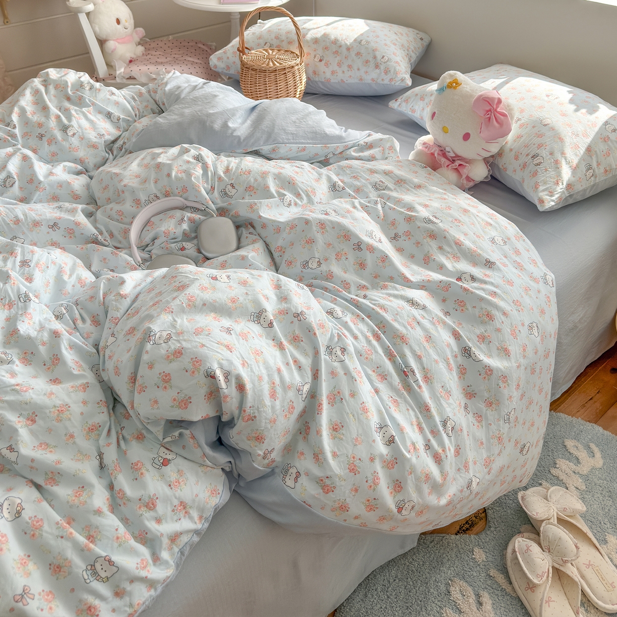 91家纺网 家纺一手货源 找家纺 罗亿家纺 2026新款A类古法水洗仿棉云感纱四件套 花花kt梦