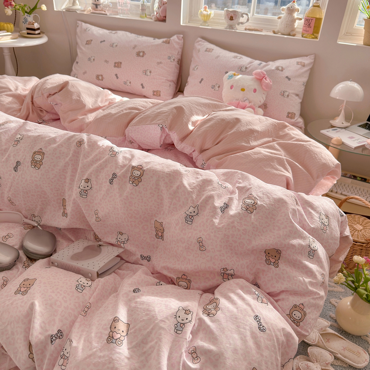 91家纺网 家纺一手货源 找家纺 罗亿家纺 2026新款A类古法水洗仿棉云感纱四件套 俏皮豹纹-kt-粉