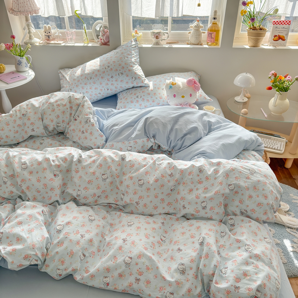 91家纺网 家纺一手货源 找家纺 罗亿家纺 2026新款A类古法水洗仿棉云感纱四件套 花花kt梦