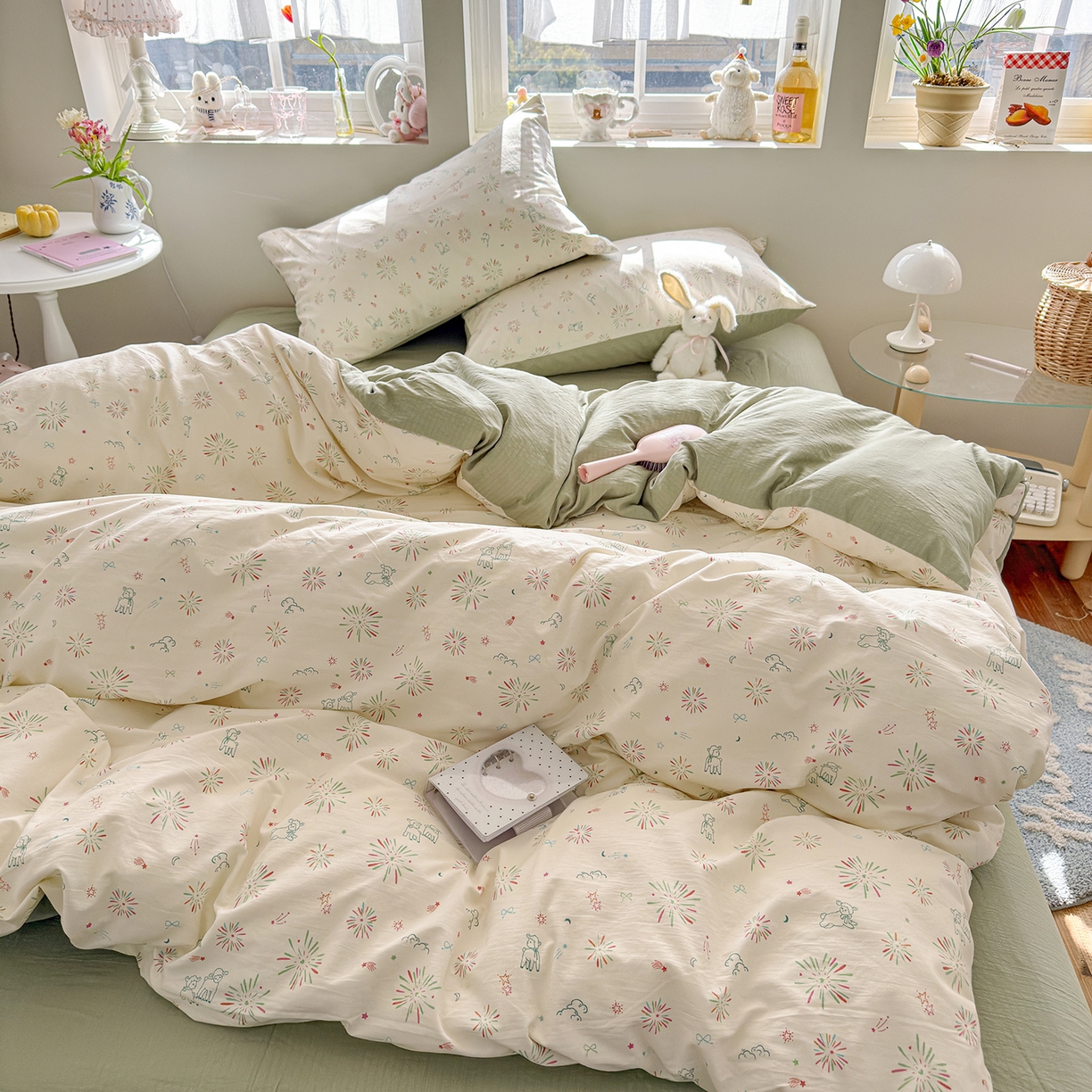 91家纺网 家纺一手货源 找家纺 罗亿家纺 2026新款A类古法水洗仿棉云感纱四件套 烟花星语