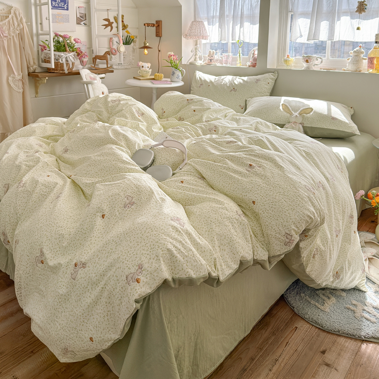 91家纺网 家纺一手货源 找家纺 罗亿家纺 2026新款A类古法水洗仿棉云感纱四件套 绿萌兔子