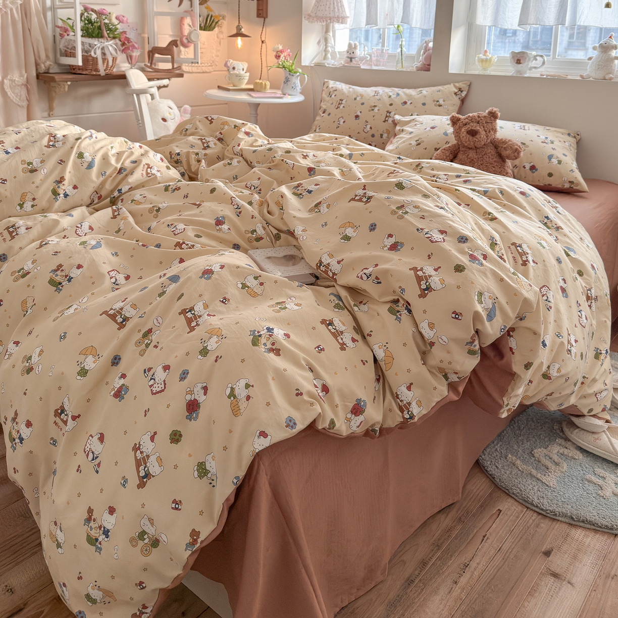 91家纺网 家纺一手货源 找家纺 罗亿家纺 2026新款A类古法水洗仿棉云感纱四件套 梦幻乐园