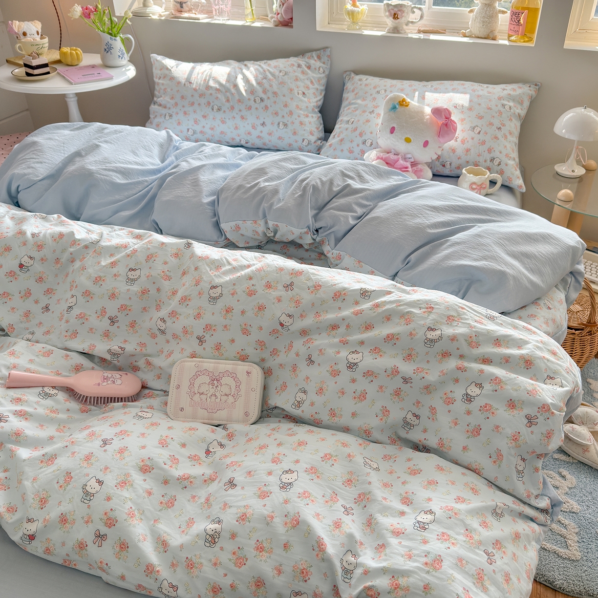 91家纺网 家纺一手货源 找家纺 罗亿家纺 2026新款A类古法水洗仿棉云感纱四件套 花花kt梦