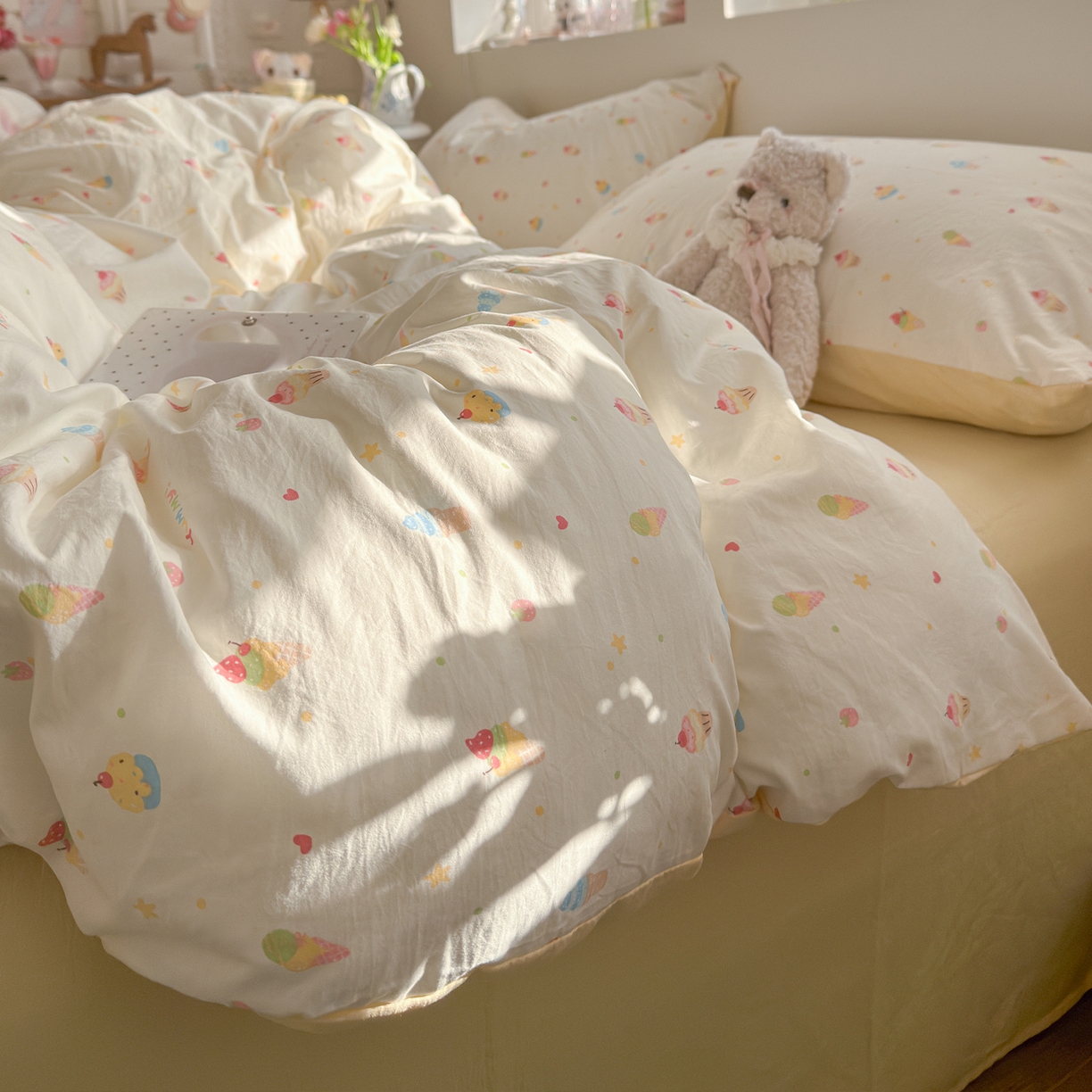 91家纺网 家纺一手货源 找家纺 罗亿家纺 2026新款A类古法水洗仿棉云感纱四件套 冰淇淋超甜