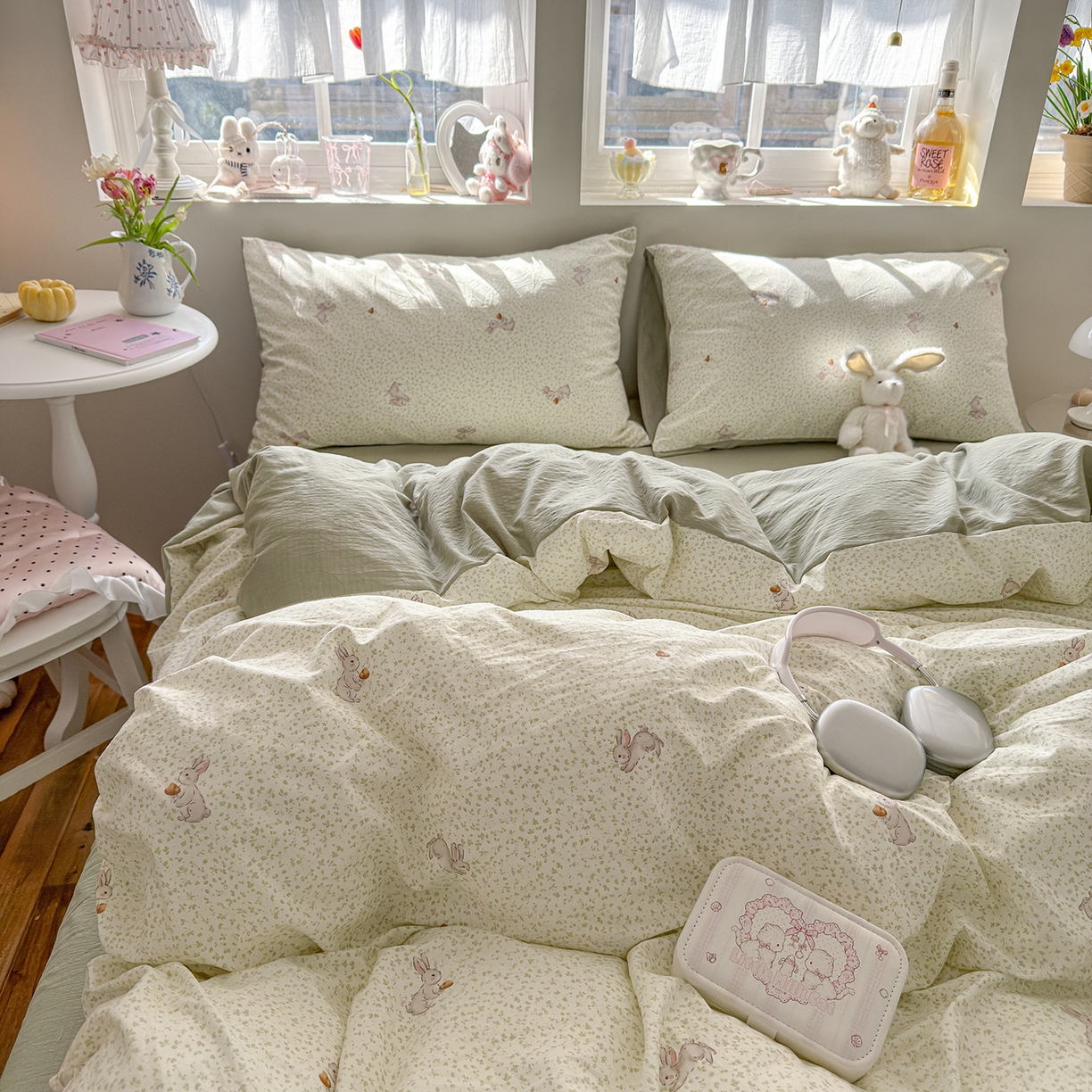 91家纺网 家纺一手货源 找家纺 罗亿家纺 2026新款A类古法水洗仿棉云感纱四件套 绿萌兔子