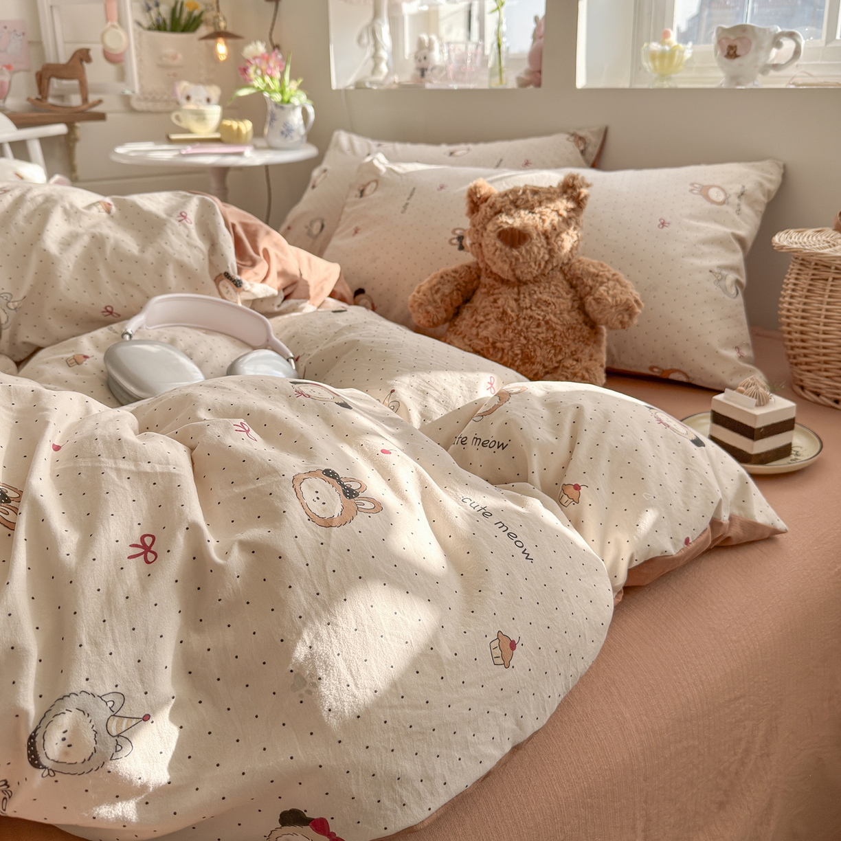 91家纺网 家纺一手货源 找家纺 罗亿家纺 2026新款A类古法水洗仿棉云感纱四件套 焦糖LABUBU