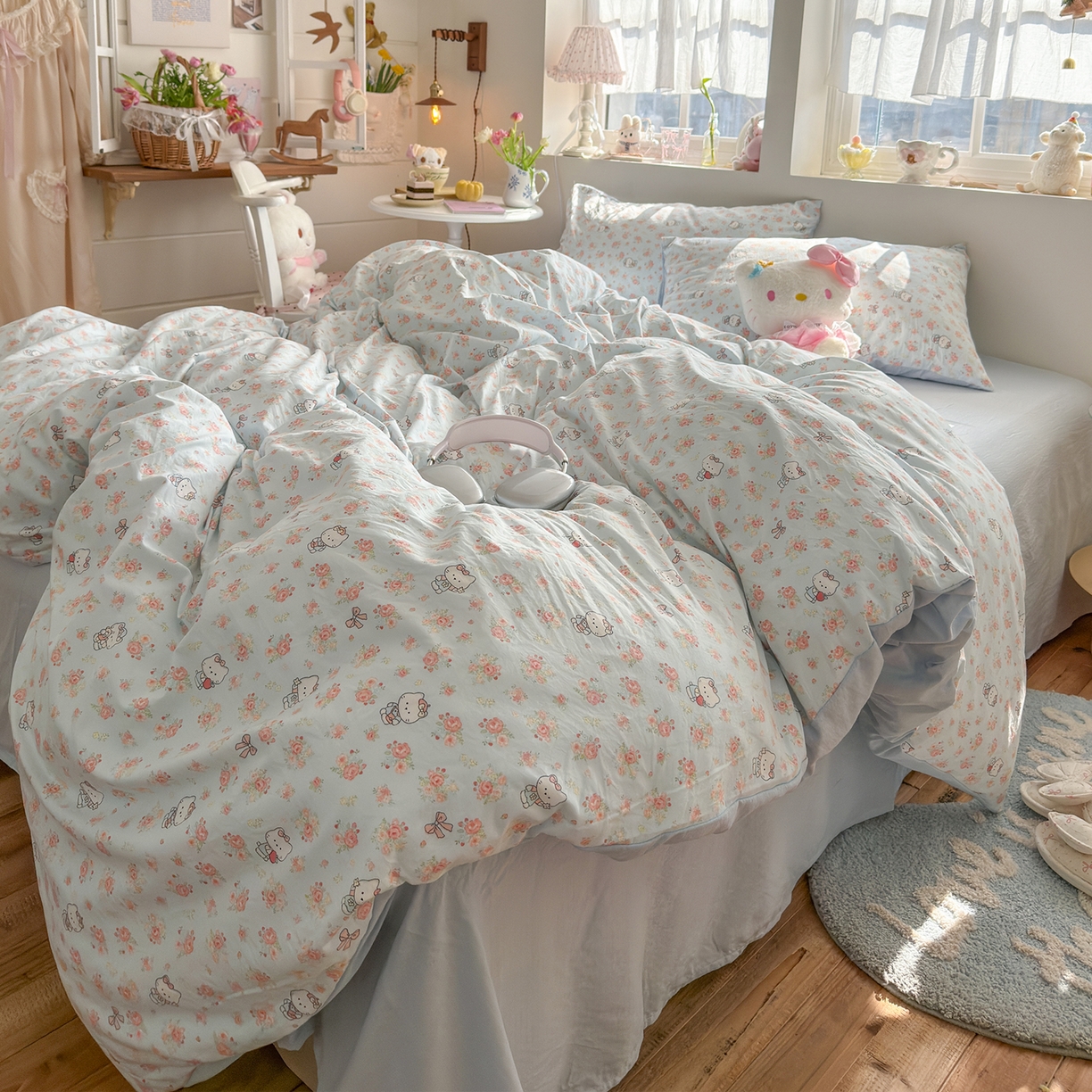 91家纺网 家纺一手货源 找家纺 罗亿家纺 2026新款A类古法水洗仿棉云感纱四件套 花花kt梦