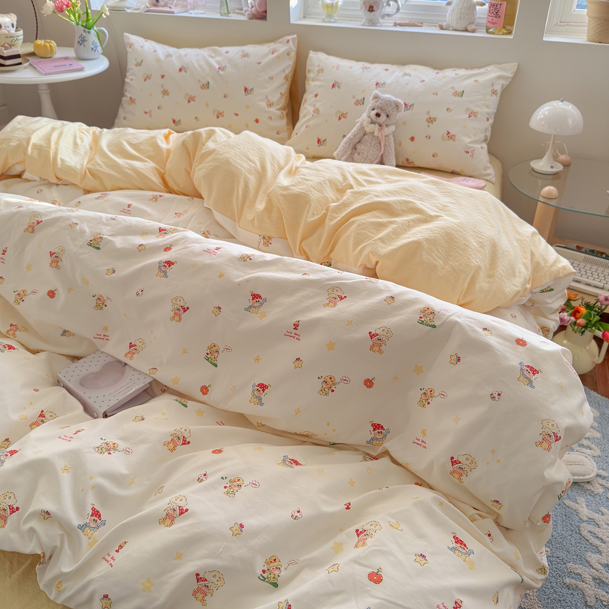 91家纺网 家纺一手货源 找家纺 罗亿家纺 2026新款A类古法水洗仿棉云感纱四件套 奶味星人