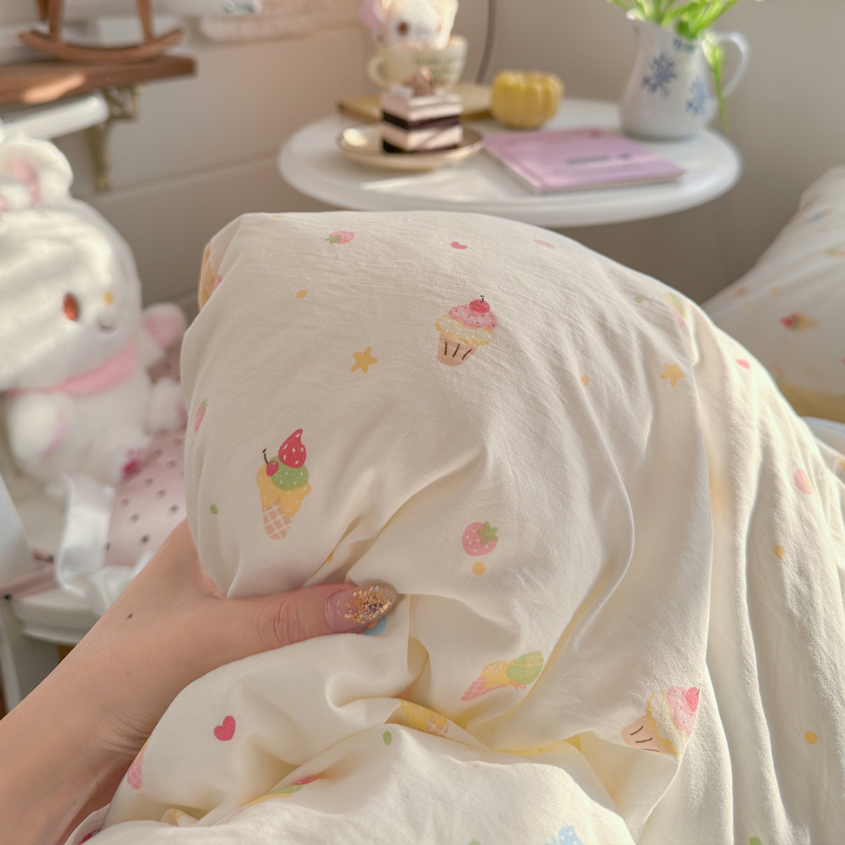 91家纺网 家纺一手货源 找家纺 罗亿家纺 2026新款A类古法水洗仿棉云感纱四件套 冰淇淋超甜