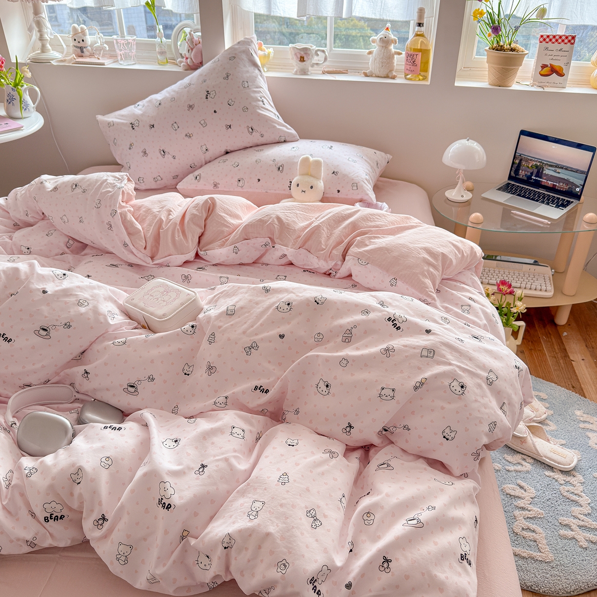 91家纺网 家纺一手货源 找家纺 罗亿家纺 2026新款A类古法水洗仿棉云感纱四件套 爱心甜猫